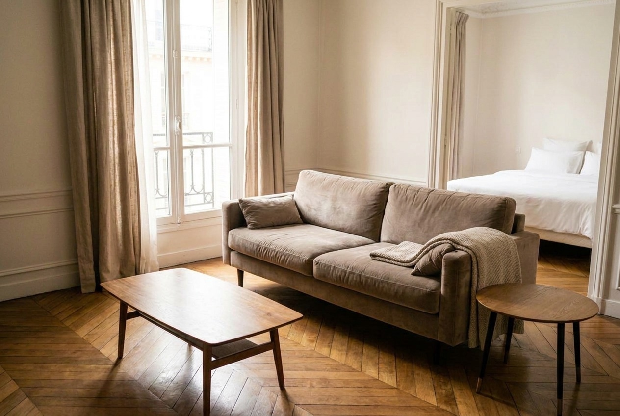 Salon parisien impeccable, prêt à accueillir les prochains voyageurs