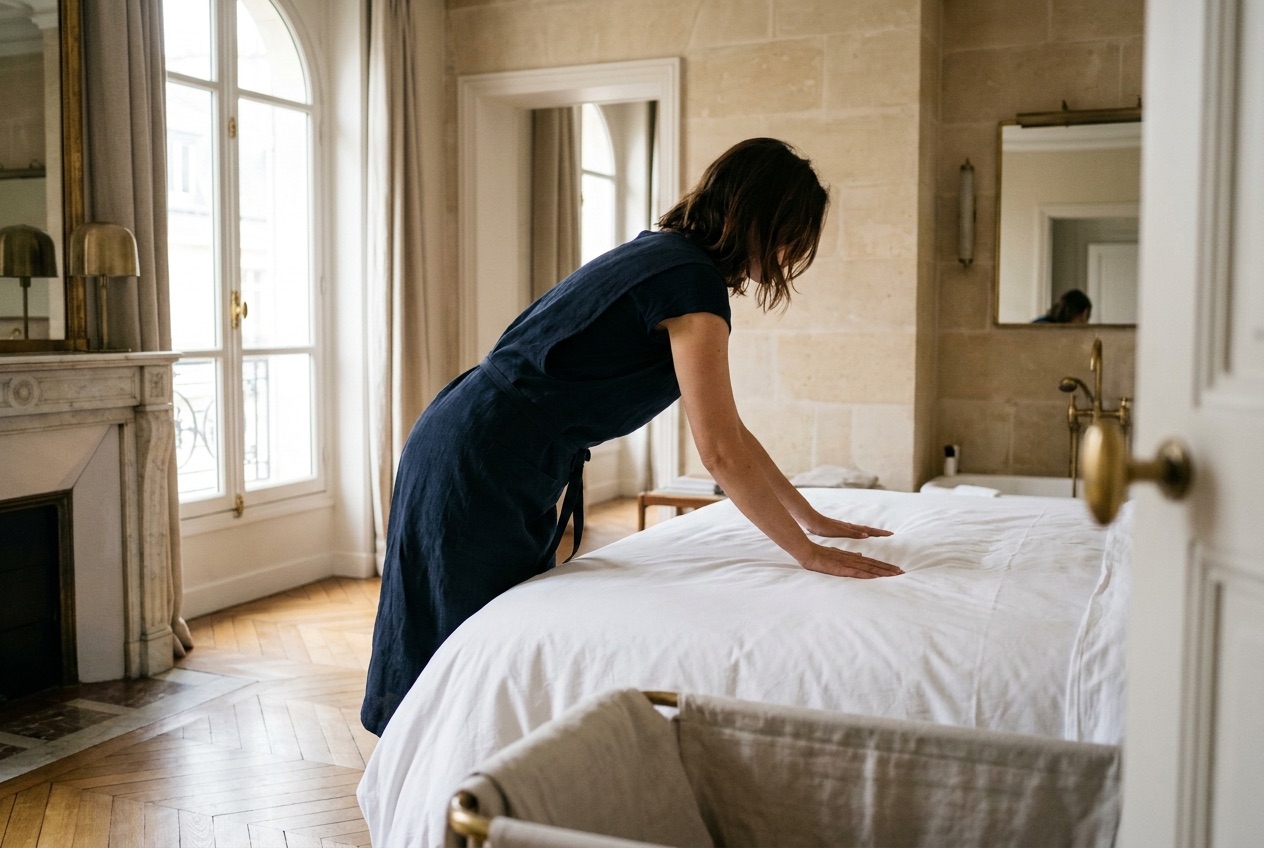 Gouvernante professionnelle préparant un lit avec du linge blanc