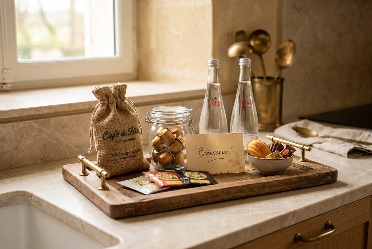 Plateau d'accueil avec café, eau, thé et gourmandises
